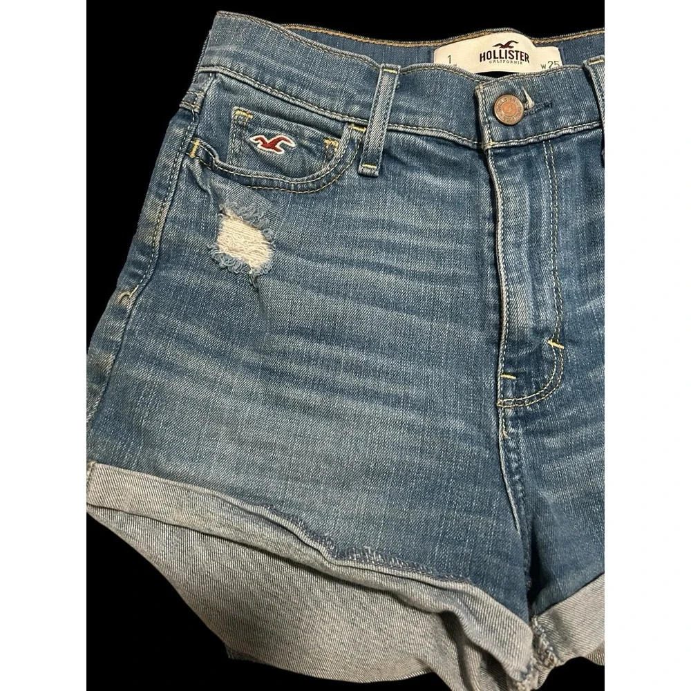 Hollister Size 1 Womens Blue Cotton Stretch Hi-Rise‎ Boyfriend Denim Shorts